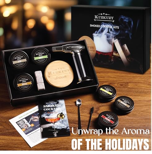 KUZKUZY Cocktail Smoker Kit with Torch & 6 Flavors Wood Chips - Bourbon Whiskey Infuser, Old Fashioned Drink Gift for Men, Dad, Husband (Without Butane)