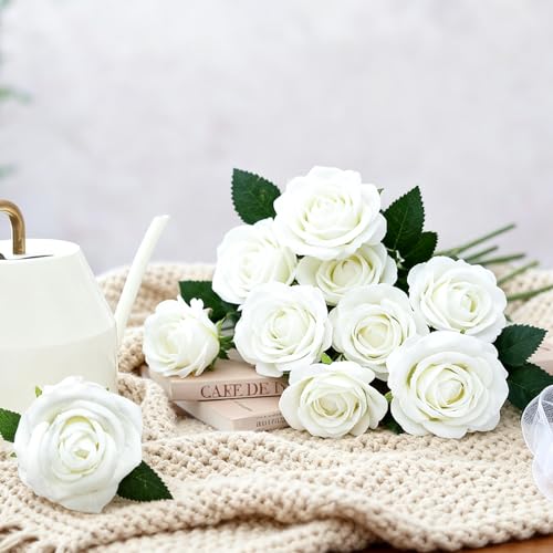 50 Pcs White Artificial Roses Bouquet - Velvet Fake Flowers for DIY Decor