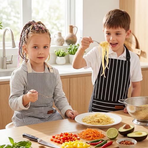 2-Pack Kids Striped Cotton Linen Aprons with Pockets for Cooking & Crafts