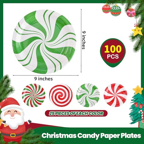 100 Pack Christmas Candy Paper Plates - 9 Inch Disposable Holiday Dinnerware, Red & Green