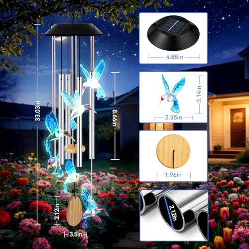 Solar Hummingbird Wind Chimes with Color Changing LED Garden Lights
