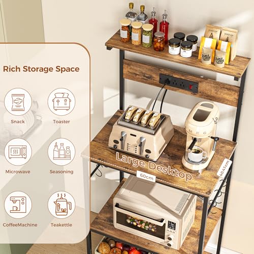 4-Tier Kitchen Bakers Rack with Power Outlet and Storage, Rustic Brown