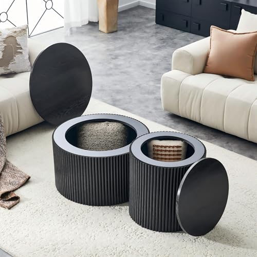 Round Nesting Coffee Table Set of 2 with Storage, Modern Fluted Wood Tables