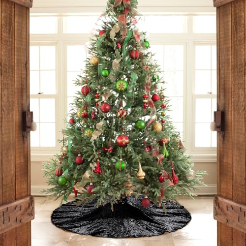 Black Sparkle Sequin Christmas Tree Skirt - 36 Inch Xmas Decor Mat