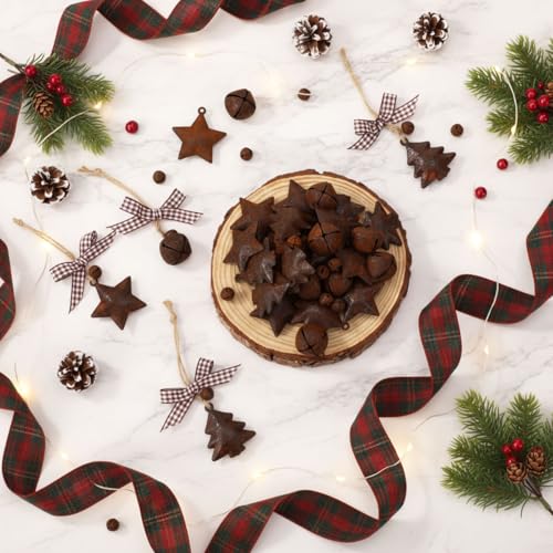 Classic 82 Pcs Rusty Metal Bells Christmas Kit with Jute Twine & Stars
