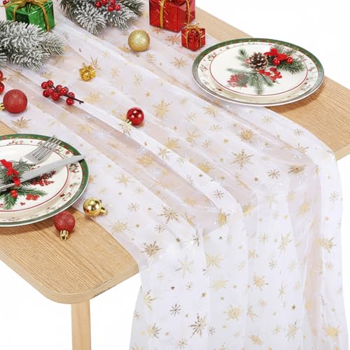 White and Gold Snowflake Gauze Table Runner 120" – Windkream, 3 Pcs Seasonal Decor