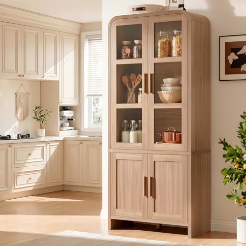 77-Inch Tall Kitchen Pantry Cabinet with Glass Doors and Adjustable Shelves