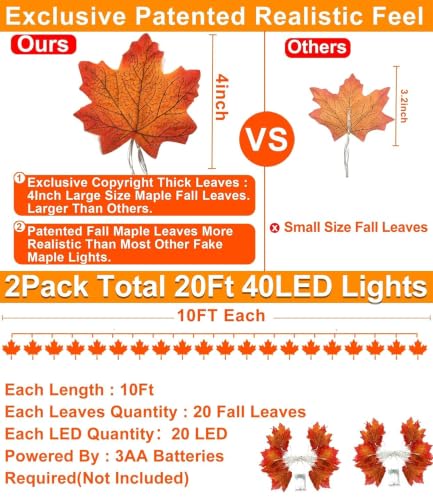 TURNMEON Fall Garland with Lights 20Ft 40LED Maple Leaves Autumn Decor