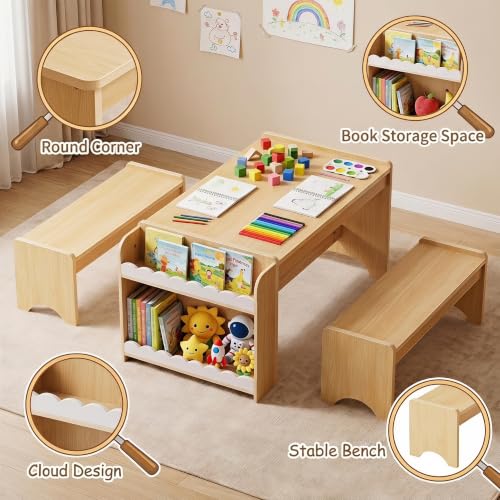 Kids Wooden Activity Table and Bench Set with Storage Shelves