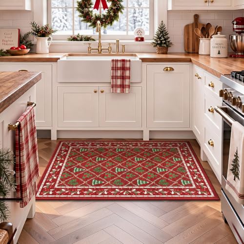 Yarooge 2' x 3' Christmas Red Area Rug - Non-Slip Holiday Foyer and Hallway Decor