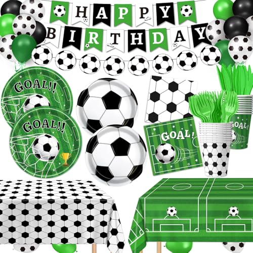 QIYANPAX Soccer Party Decorations Set - Includes Plates, Balloons, Banner, Tablecloth, Utensils for Soccer Theme Birthday Party