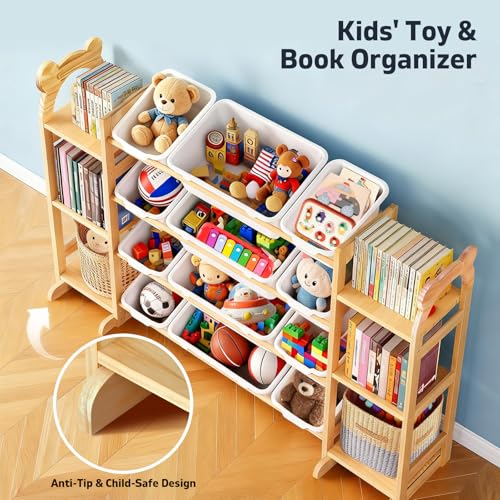 Wooden Toy Storage Organizer with 6 Shelves and 12 Bins for Playroom