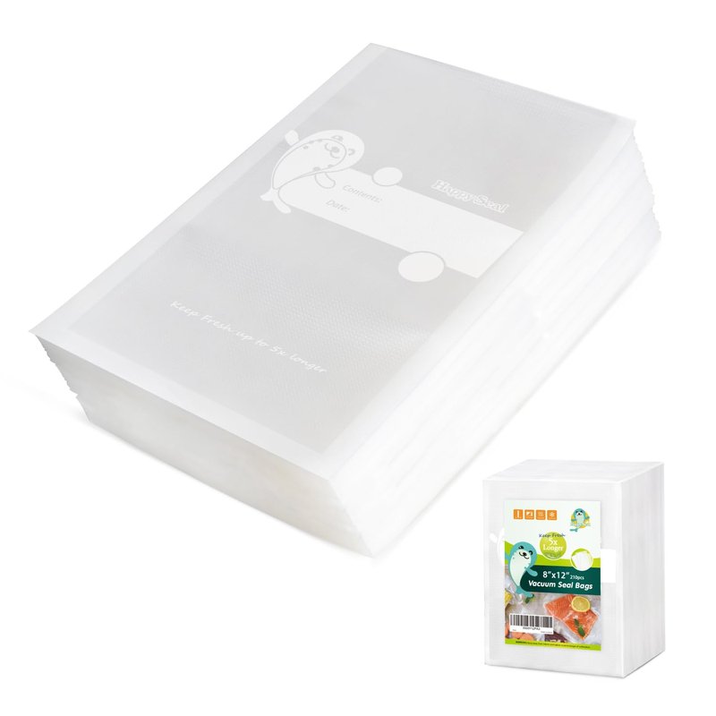 Happy Seal Vacuum Sealer Bags 8" x 12" 210 Quart Size for Food, Pre-cut Food Saver Airtight Vac Storage, Meal Prep or Sous Vide, Commercial Grade Vacuum Seal Freezer Bags