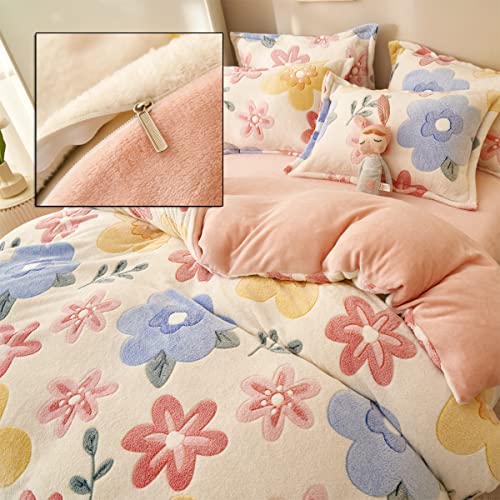 Queen Size Pink Floral Duvet Cover Set, Ultra Soft Faux Fur Bedding