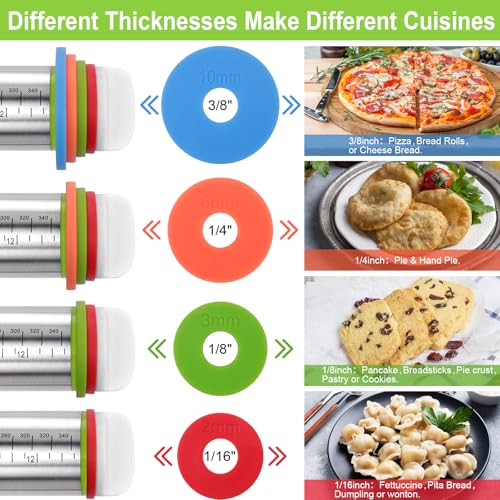 Adjustable Stainless Steel Rolling Pin with Thickness Rings for Baking - 17 Inch