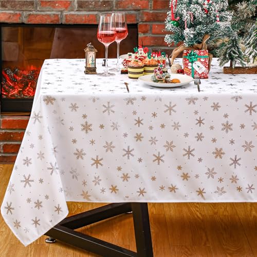 Mixweer White Winter Snowflake Christmas Tablecloth 60 x 108 Inches Washable Spillproof Holiday Decor