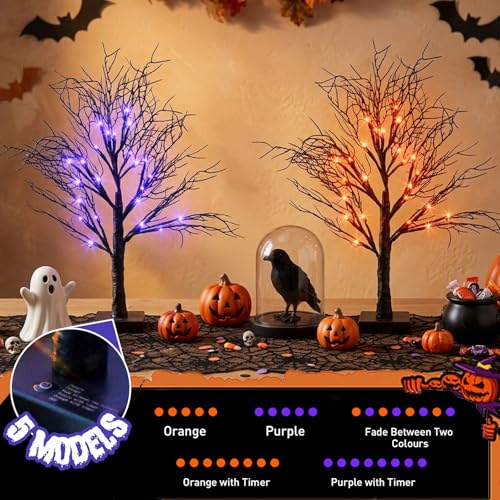 Lighted Halloween Trees 2-Pack, 22" Black Tabletop Decor with Orange & Purple LEDs