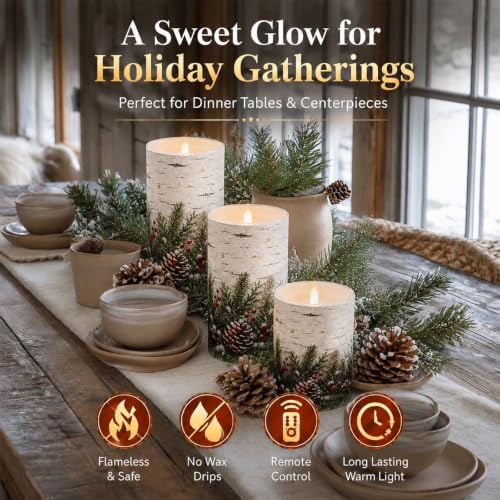 Winter Birch Flameless Candles Set - 3 Color-Changing LED Pillars with Remote