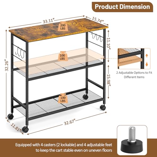 3-Tier Rolling Kitchen Microwave Cart, 33 Inch Utility Island with Wheels