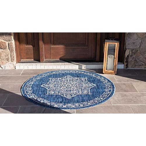 Unique Loom Outdoor Traditional Collection Area Rug - Antique (4' 1" Round, Blue/ Gray)