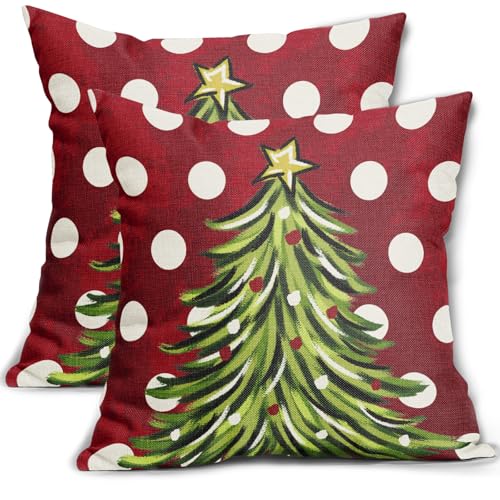 Sivirary 18x18 Inch Red Christmas Pillow Covers Set of 2 Polka Dot Tree Decor