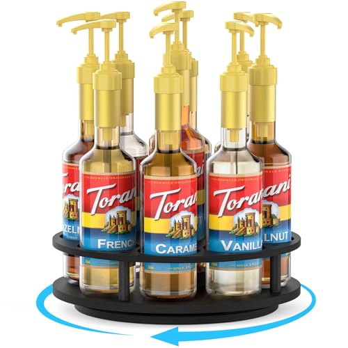 Rotating Coffee Syrup Organizer - 9 Bottle Wooden Rack for Countertop