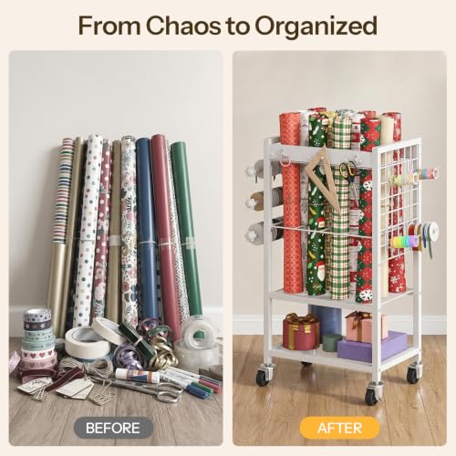 Rolling Wrapping Paper Storage Cart with Wheels and Ribbon Holder