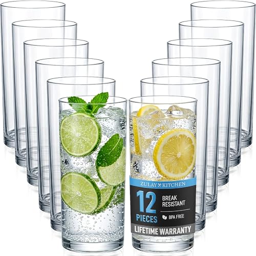 16oz Shatterproof Acrylic Drinking Glasses - Set of 12 Clear Water Tumblers
