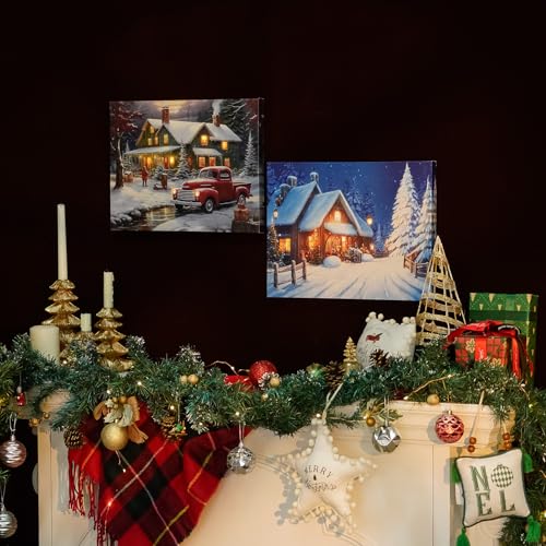 Nikky Home 16 x 12 LED Lighted Christmas Canvas Wall Art – Red Truck & Snow House