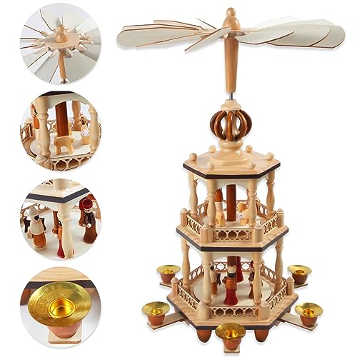 17" Wooden Christmas Pyramid - 3-Tier Nativity Carousel with 6 Candle Holders