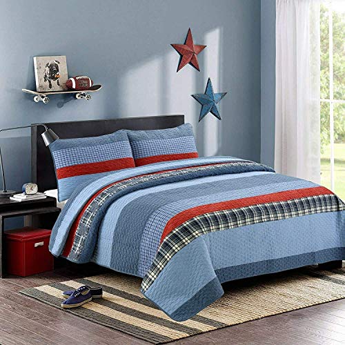 Navy Blue and Red Striped 100% Cotton Queen Quilt Bedding Set - 3 Piece