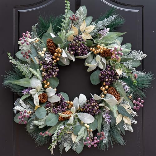 Artificial Winter Wreath for Front Door 22-Inch Rustic Evergreen Decor