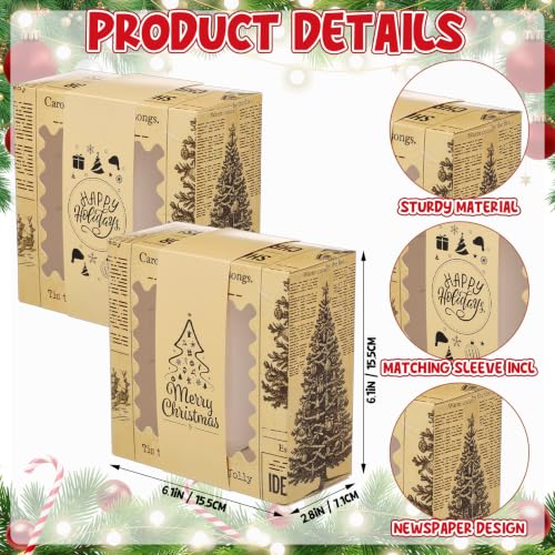 Resurhang 12 Pcs Vintage Christmas Cookie Boxes with Window – Newspaper Variation