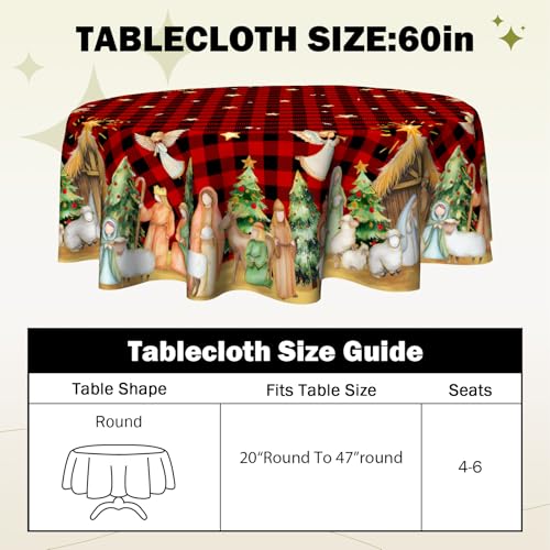 VentuCoven Christmas Nativity Round Tablecloth 60 Inch Red Buffalo Plaid Decor