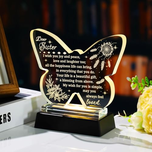 Butterfly Shaped Glass Keepsake for Sister – Laser Engraved Night Light with Colorful LED Base, Gift from Sister (Variation: Sisters Gifts)