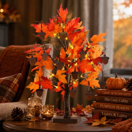 24 Inch Lighted Fall Maple Tree with 24 LEDs & 12 Wood Acorn Ornaments