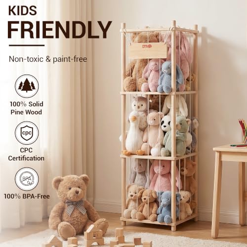3-Tier Solid Wood Stuffed Animal Storage & Corner Plush Toy Organizer