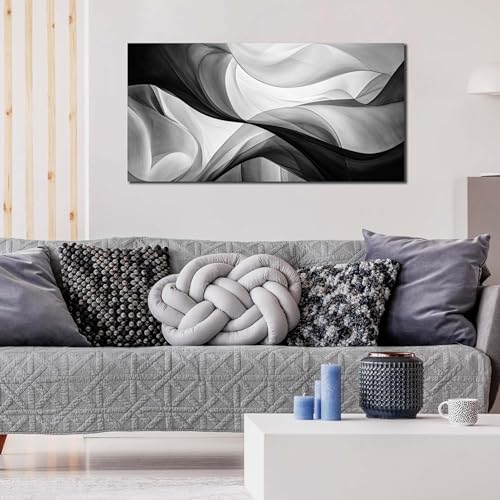 Abstract Minimalist Curve Line Canvas Wall Art, Black and White, 40x20 Inch