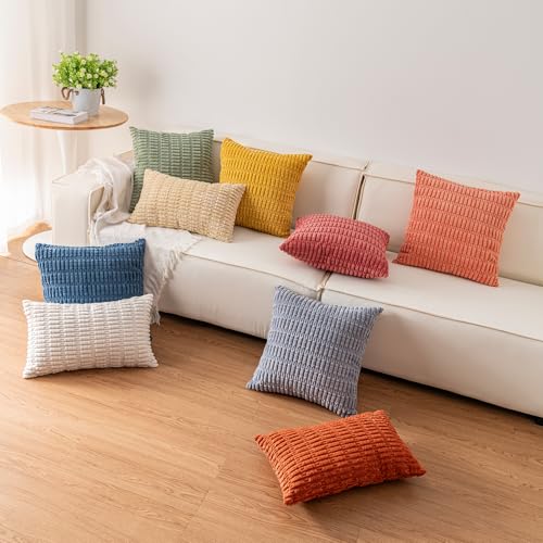 Corduroy Throw Pillow Covers 18x18 Inch (Set of 2) - Cream White Striped
