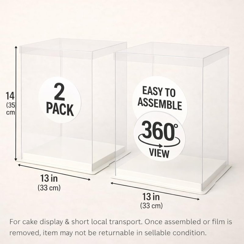 Sweet Degrees Clear Cake Box 13x13x14 Inch 2 Pack | Tall Cake Boxes for Tiered Cakes | Square Cake Carrier with Lid | Clear Gift Box for Wedding Birthday Bakery Display | PET Plastic, Ships Flat