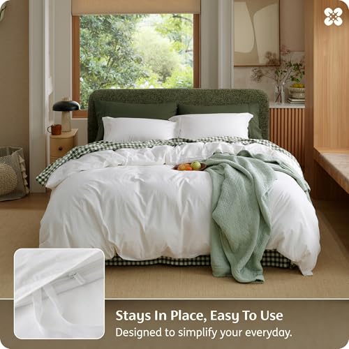 100% Washed Cotton Queen Duvet Cover Set - 3-Piece Linen-Like Texture