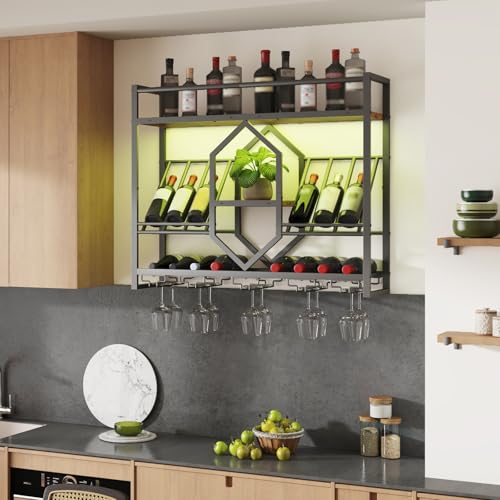 31.5" Wall Mounted Wine Rack with LED Lights and Glass Holder