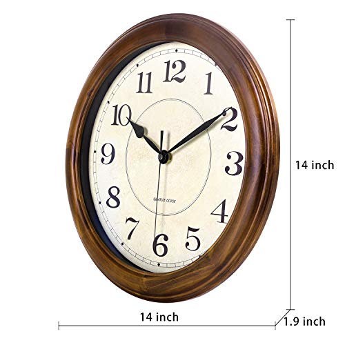 14-Inch Silent Wood Wall Clock, Large Non-Ticking Retro Analog Clock