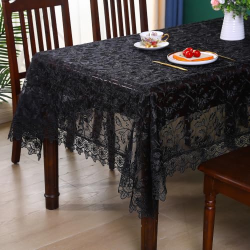 Large Black Lace Tablecloth 140 Inch Rustic Farmhouse Rose Jacquard