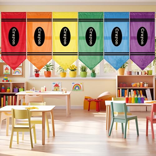 Crayon Print Velvet Curtains for Classroom & Kids Room - 6 Piece Set