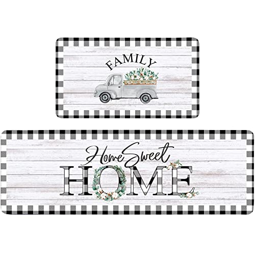 2-Piece Farmhouse Kitchen Rug Set, Buffalo Plaid Non-Slip Floor Mats