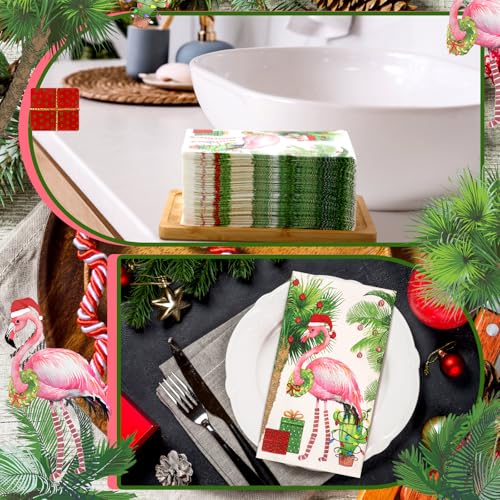 Epakh 200Pcs Christmas Flamingo Napkins Pink Flamingos with Christmas Hat, 4.3x7.9in folded