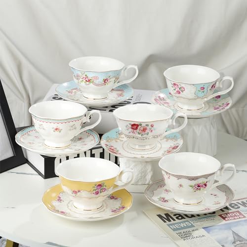 Fanquare Colorful Floral Porcelain Coffee Cup Set with Saucers - Yellow & Blue, 6-Piece Tea Set for Women