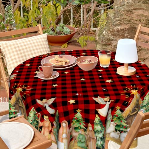 VentuCoven Christmas Nativity Round Tablecloth 60 Inch Red Buffalo Plaid Decor