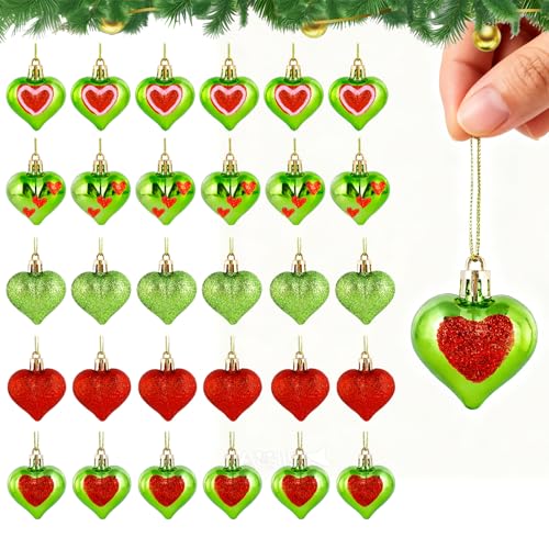 30 Pcs 5 Styles Lime Green Christmas Heart Ornaments 1.8 Inch Glittering Heart Shaped Tree Hanging Ornaments for Christmas Anniversary Wedding Party Valentine Mother's Day Decoration